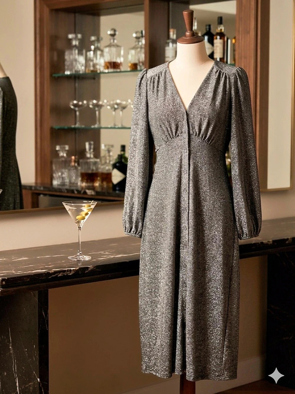FRNCH Metallic V-Neck Midi Dress Gray & Black XL